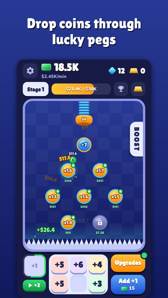 Coins dropping through pegs on the first board
