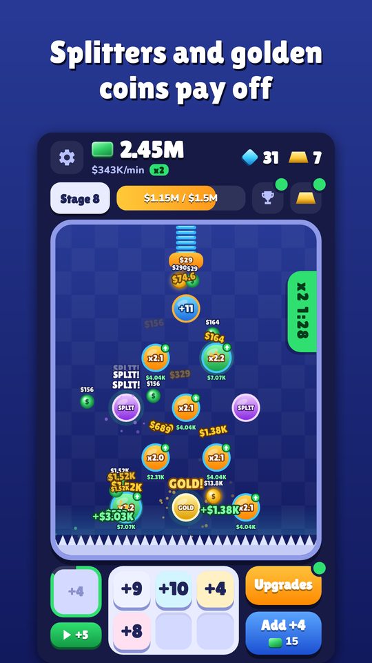 A busy board with splitter pegs and golden coins