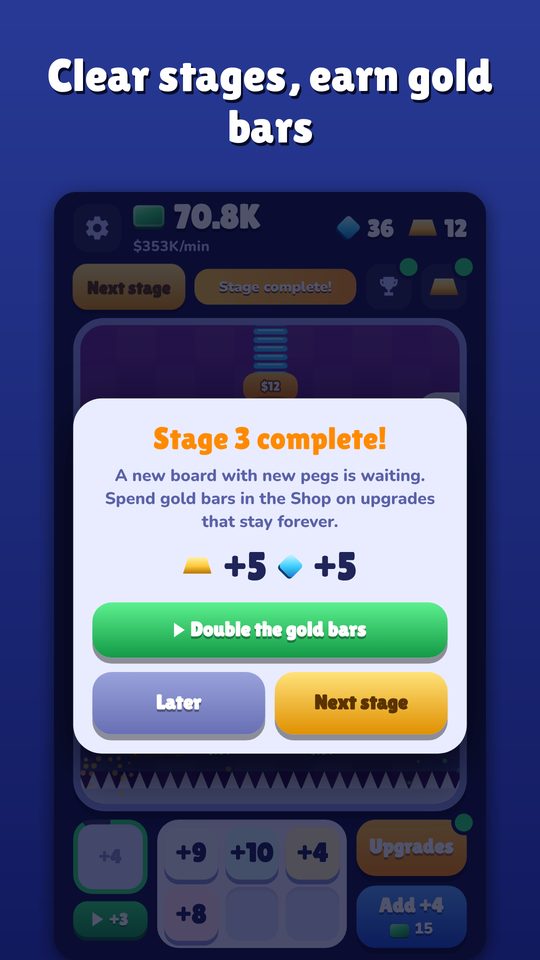 Stage complete screen with gold bar rewards