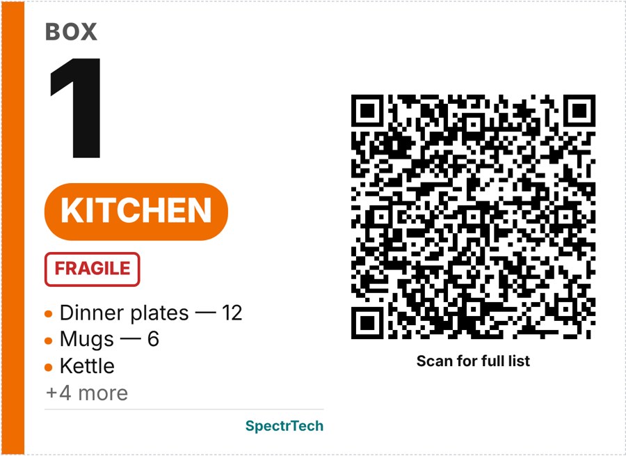 Printed box label: box 1, Kitchen, Fragile, item list and a QR code with the full list