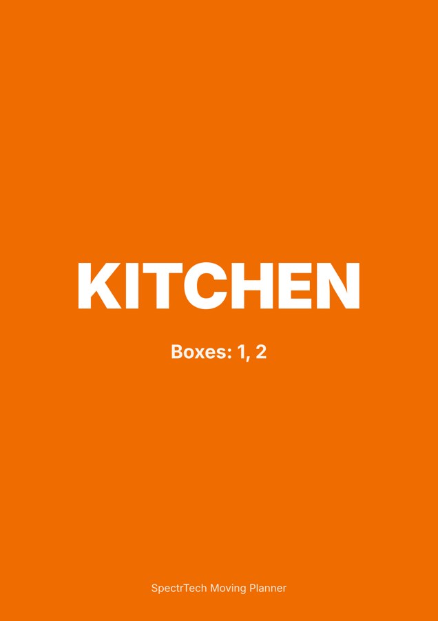 A room sign for the door of the new home; every Kitchen box carries the same colour.